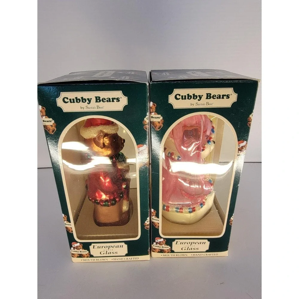 Vintage 1997 Cubby Bears Santa's Best Glass Ornaments Pair NOS Boxed Bear